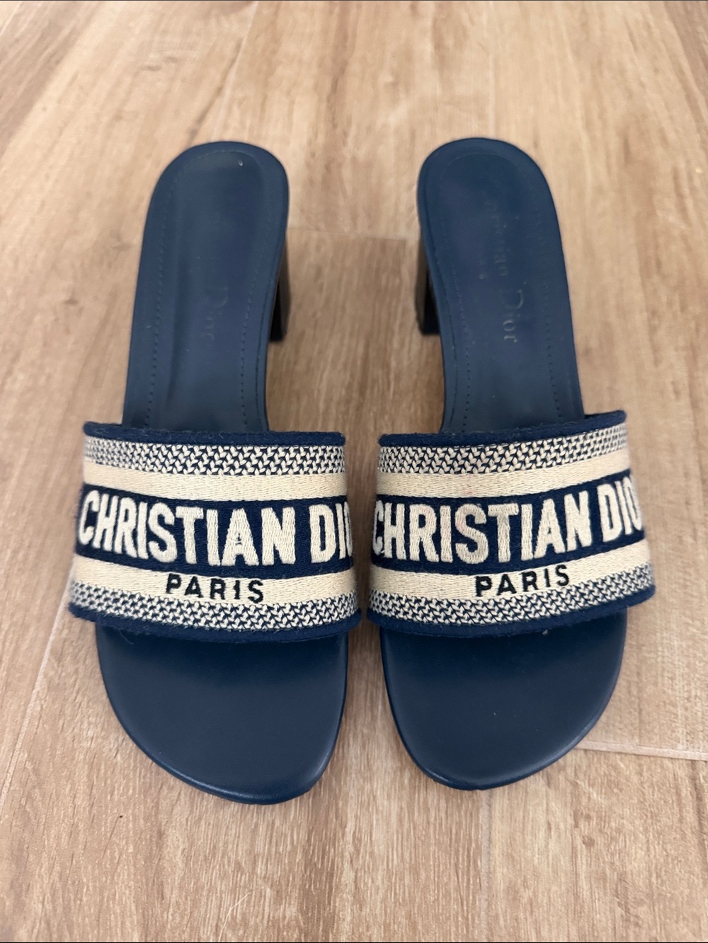 Dior Navy and Cream Canvas Logo Heeled Slide Sandals